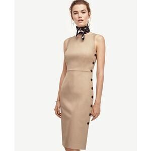 Ann Taylor Tan Beige Side Button Sheath Dress Sleeveless Midi Career 10 Tall